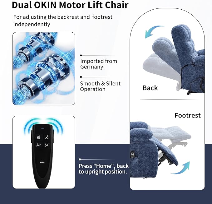 Lay Flat Recliner with Vibration Massage and Lumbar Heating, 26'' Wide Recliner Chair with Infinite Position and 2 Remote Controls, Soft Chenille Lift Recliner for Living Room, Blue-Ruum Studio Home
