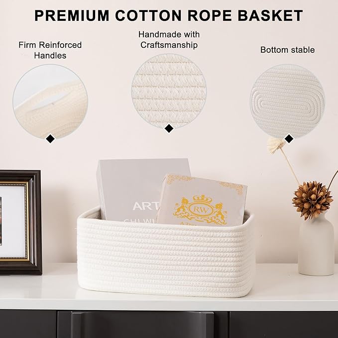 4 Pack Small Storage Shelf Baskets for Organizing, Mini Woven Rope Storage Bins for Towels, Cute Decorative Closet Organizer，Baby Nursery, Gift Empty Baskets -13''Lx8.66''Wx5.11''H-White-Ruum Studio Home