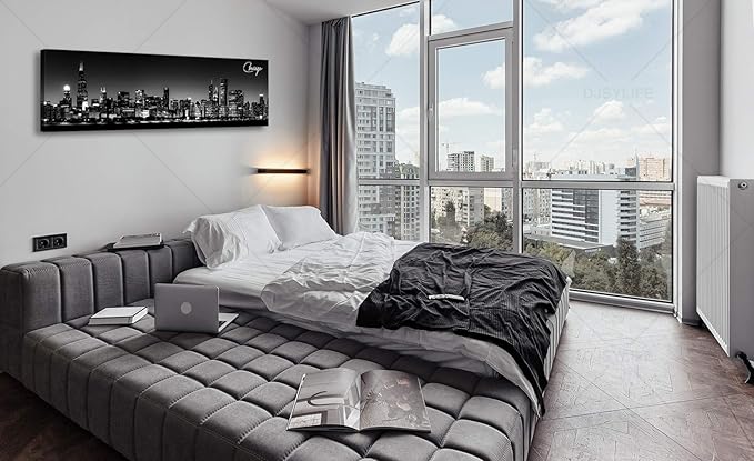 Office Wall Decor Black and White Wall Art Chicago Skyline Pictures for Living Room Modern Large Canvas Print Artwork Stretched and Framed 13.8"X47.3"-Ruum Studio Home