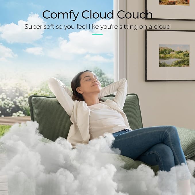 LINSY HOME Sofa Chair with Movable Ottoman - Corduroy Cloud Couch Chair Soft Comfy Modern Sofa Chaise Single Sleeper Chair Bed for Living Room Apartment Office, Green-Ruum Studio Home