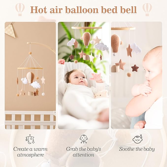 Baby Mobile for Crib, Baby Crib Mobile for Boys Girls, Baby Mobile for Bassinet, Boho Nursery Mobile, Nursery Decor Theme for Infant Bedroom Hanging, Gender Neutral Baby Gift (Hot Air Balloon)-Ruum Studio Home