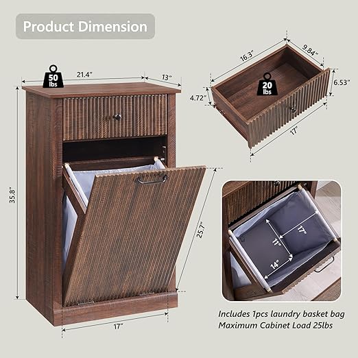 Modern Tilt-Out Trash Can Cabinet, 10 Gallon Fluted Laundry Hamper Cabinet with Drawers, Wooden Hidden Garbage Can Cabinets with Storage Basket, Free Standing for Kitchen and Living Room,Brown-Ruum Studio Home