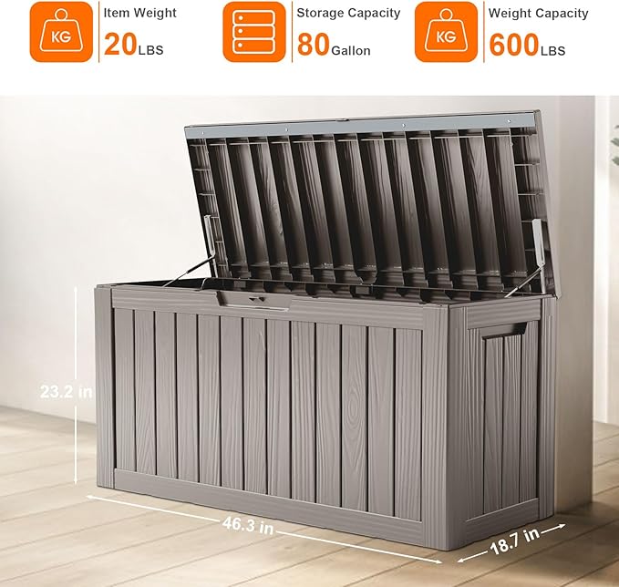 80 Gallon Resin Deck Box, Lockable Patio Outdoor Storage Box for Furniture, Garden Tools and Tools Storage, Waterproof Outside Storage Boxes - Grey-Ruum Studio Home