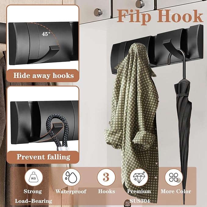 Folding Coat Hooks, Wall Mounted Coat Rack with 3 Retractable Hooks, Heavy Duty Towel Rack for Bathroom Wall Hook for Hanging Clothes Bathrobe, Stainless Steel Coat Hanger for Entryway(Black)-Ruum Studio Home