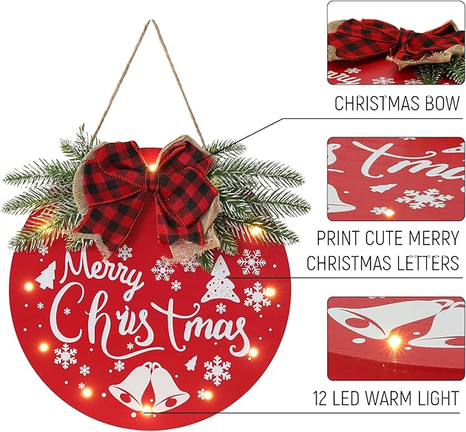 HOMCDALY Merry Christmas Welcome Sign for Front Door, Red X-mas Sign with Light, Holiday Door Decoration Wooden Hanging Sign, Christmas Decoration, Wall Art, Wall Decor(Red)-Ruum Studio Home