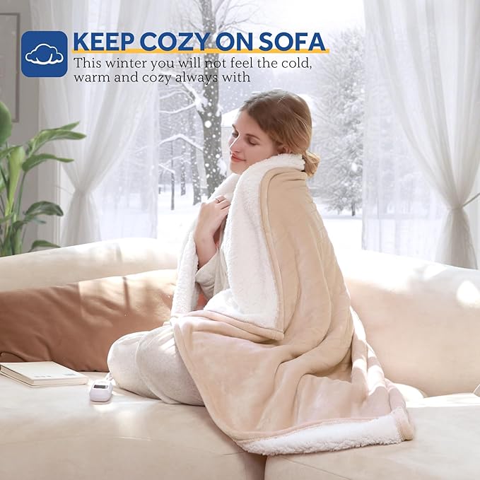 Sealy Electric Blanket Throw Size 50"*60",Super Cozy Flannel to Sherpa Reversible Heated Blanket Throw with 6 Heating Levels & 2-10 Hours Auto Off Overheating Protection Machine Washable,Beige-Ruum Studio Home