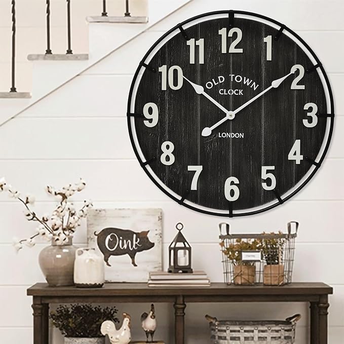 Large Old Town Farmhouse Wall Clock – 24 Inches Rustic Antique Wood with Metal Circle and Large Numerals, Silent Battery Operated Clock for Office, Kitchen, Bedroom, Living Room (Black)-Ruum Studio Home