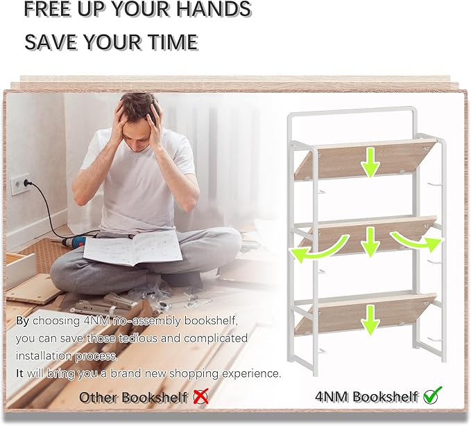 4NM No Assembly Foldable Bookshelf, 3-Shelf Collapsible Bookcase Storage for Small Spaces, 42.1" H, Natural White-Ruum Studio Home