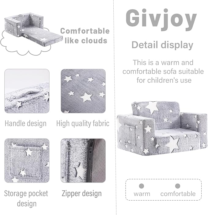 Toddler Chair Plush Kids Couch, 2-in-1 Comfy Armchair Removable and Washable Cover Carrying Handle, Convertible Reading Chair Toddler Couch for Girls and Boys, Glow in The Dark Grey Star-Ruum Studio Home