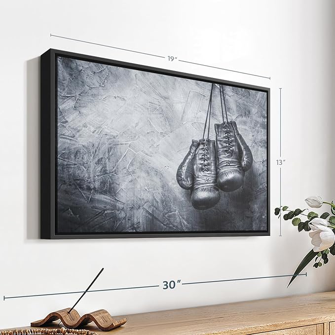 ElephantStock Boxing Gloves Wall Art - Horizontal Framed Canvas - 1-Piece Living Room Wall Decor - Photography Sports Canvas Print - Black and Gray Decor for Wall - 19" X 13"-Ruum Studio Home