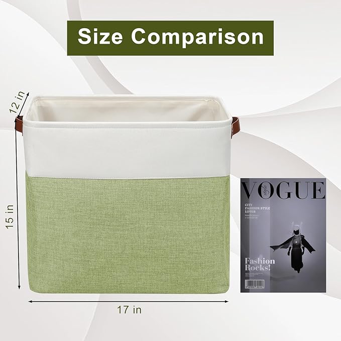 Large Fabric Storage Baskets | 50L Storage Bins, Decorative Linen Closet Baskets with Handles for Organizing, Shelf, Toys, Clothes, Home, Office, Nursery, 17x12x15Inches (Green&White)-Ruum Studio Home