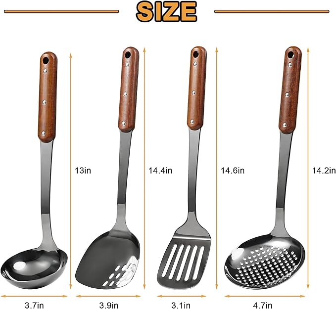 FJNATINH Stainless Steel Wok Spatula,Slotted Spatulas,Ladle,Skimmer Ladle Tool Set,Mirror Polished Cooking Utensils Kitchen Cookware, Pack of 4,Black-Ruum Studio Home
