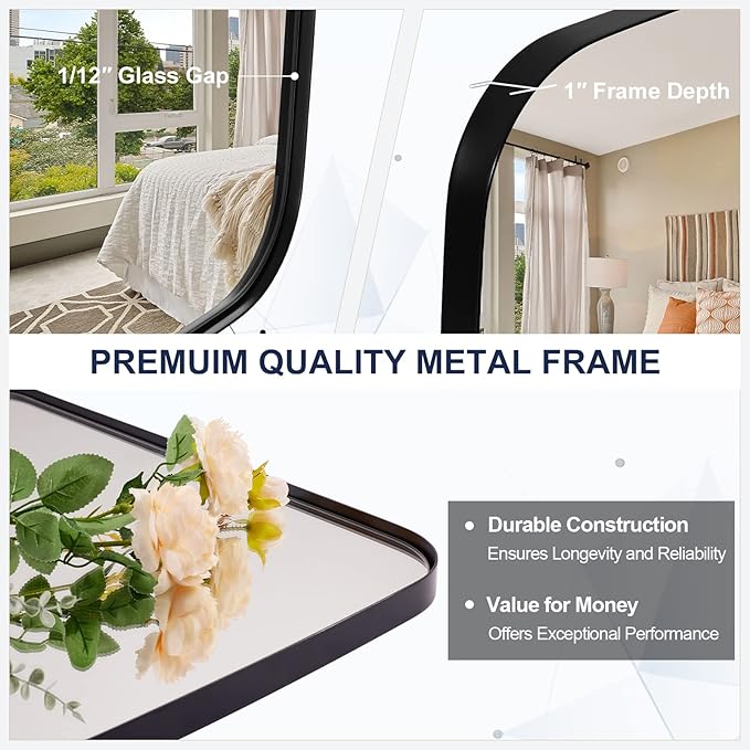 ANDY STAR Black Mirror for Bathroom, 28x36 Inch Stainless Steel Metal Frame Oblong Bathroom Mirror for Vanity, 1’’ Deep Wall Mounted Vertically/Horizontal-Ruum Studio Home