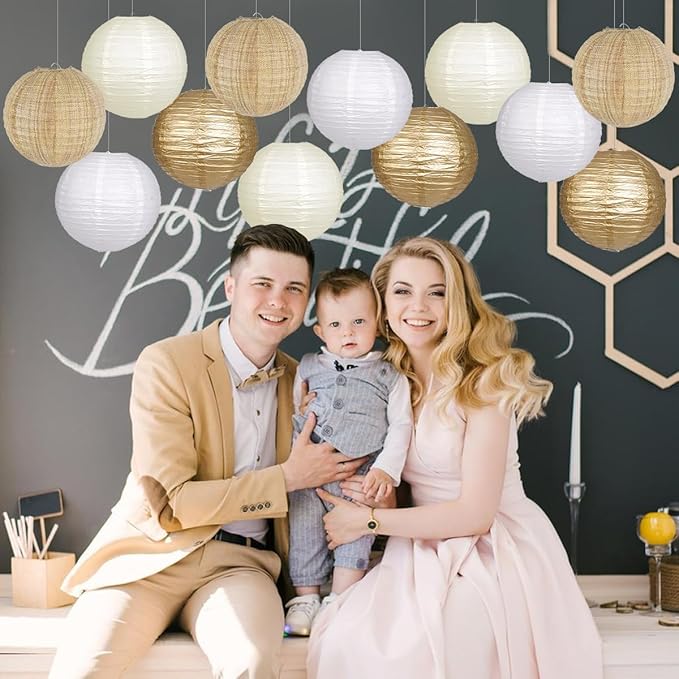 Paper Lanterns Gold White Round Hanging Chinese Lanterns for Wedding Birthday Party Boho Baby Shower Decorations Pack of 12-Ruum Studio Home