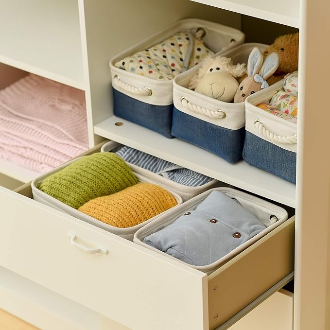 Storage Basket for Organizing - 12x8x5.2 inch Small 6 Pack Fabric Storage Bin Collapsible Baskets for Shelves with Rope, Storage Box for Cloth Decorative Laundry Canvas(White & Blue)-Ruum Studio Home