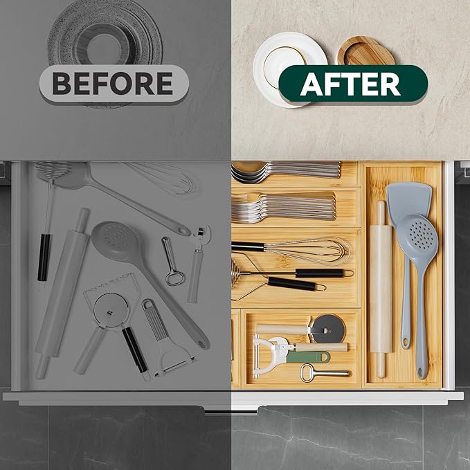 Bamboo Kitchen Drawer Organizer, Stackable Utensil Holder Silverware Organizer Cutlery Tray - 2PCS Organizer Bins for Makeup Jewelries Flatware in Bathroom, Office Desk, Cabinets, 15x6x2 inch-Ruum Studio Home