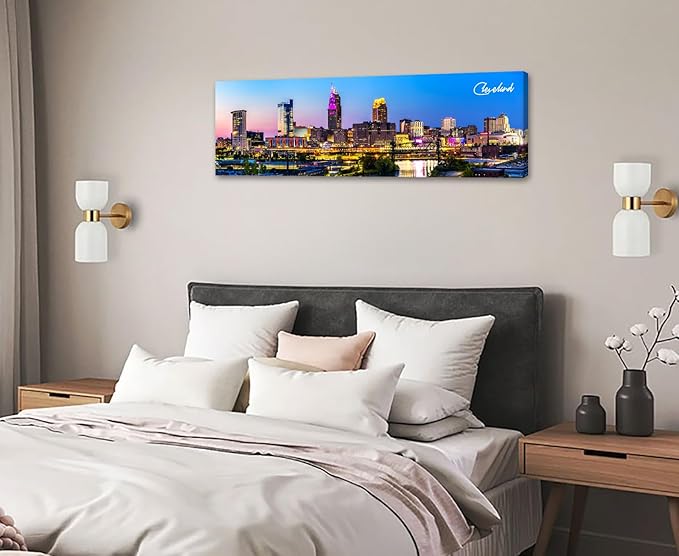 Cleveland Skyline Wall Art Colorful Canvas Prints Night View Ohio USA Cityscape Panoramic City Building Painting for Bedroom Office Decor Framed and Ready to Hang 13.8"x45.3"-Ruum Studio Home