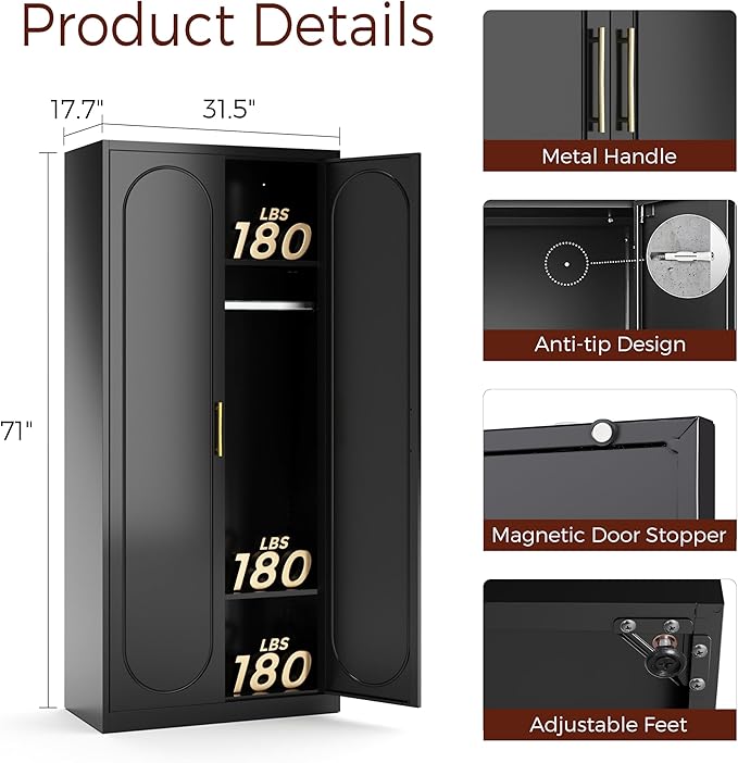Metal Armoire Wardrobe Closet with 2 Doors, 71" Black Wardrobe Cabinet with Hanging Rod and Adjustable Shelves, Tall Clothing Storage Cabinets for Bedroom, Laundry Room, Home Office-Ruum Studio Home