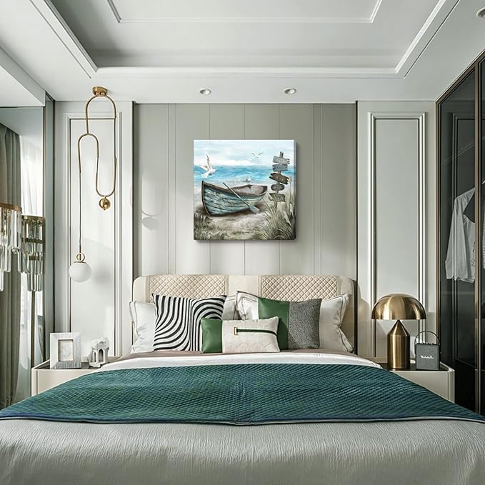 Canvas Wall Art Beach Décor Wall Picture Rustic Coastal Sand Canvas Print Ocean Nautical Painting Seascape Sea Bird Vintage Ship Boat Artwork for Seaside Living Room Bedroom Bathroom Decor Blue Large-Ruum Studio Home