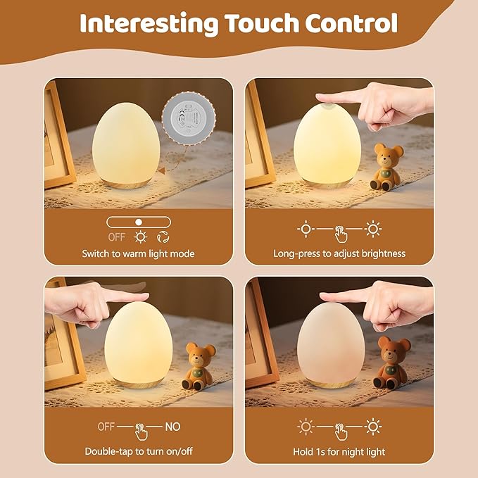MediAcous Night Lights for Kids Room, Baby Night Light with 7 Colors Changing & Dimming Function, Rechargeable Kids Night Light with 1 Hour Timer & Touch Control, Up to 100H, Wood Grain-Ruum Studio Home