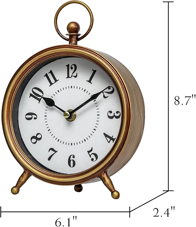 Small Gold Table and Shelf Desk Clock,Vintage Small Table Clock on Stand, Decorative Desk and Shelf Clock Farmhouse Mantel Non-Ticking Clock Rustic Metal Frame with Antique Gold Finish-Ruum Studio Home