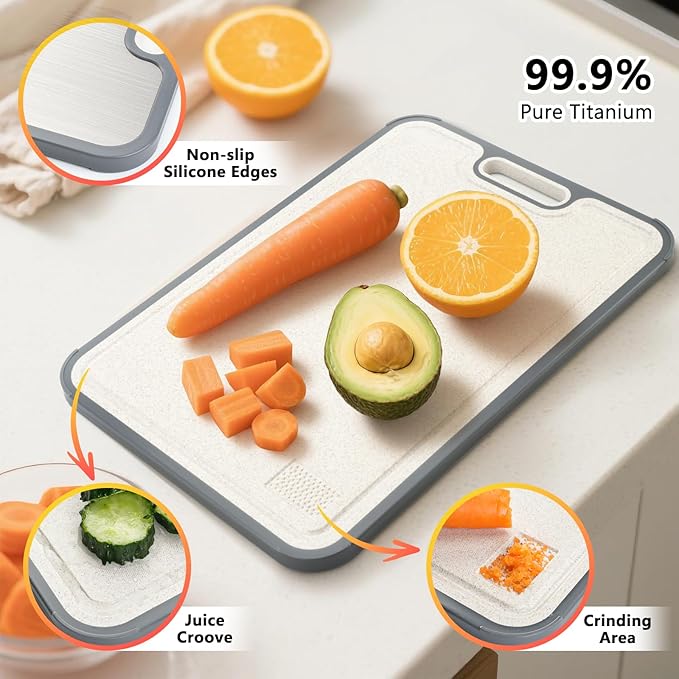Titanium Cutting Board for Kitchen, Double Sided Cutting Boards for Meal Prep with Pure Titanium and Wheat Straw PP, Dishwasher Safe Chopping Board for Meat Vegetables Fruits, Large Size, 16”×11”-Ruum Studio Home