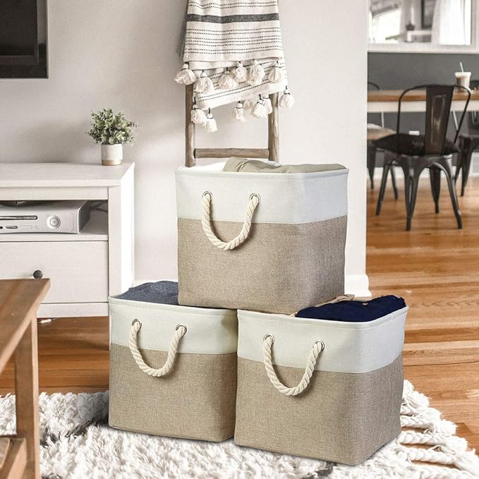 i BKGOO 3Pack Large Foldable Storage Bins，Collapsible Sturdy Cationic Fabric Organizing Storage Basket Cube with Cotton Handles for Home Office Shelf Clothes Toys White-Khaki 13×13×13 inch-Ruum Studio Home
