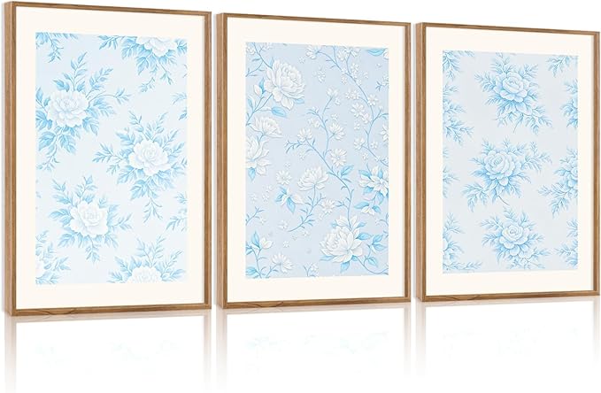 HPNIUB Large Classic Chinoiserie Floral Framed Canvas Wall Art Set, Watercolor Blue and White Flower Rose Wall Decor, Blue Minimalist Wildflower Art Print for Living Room,Bedroom,Office-16 x24 x3-Ruum Studio Home