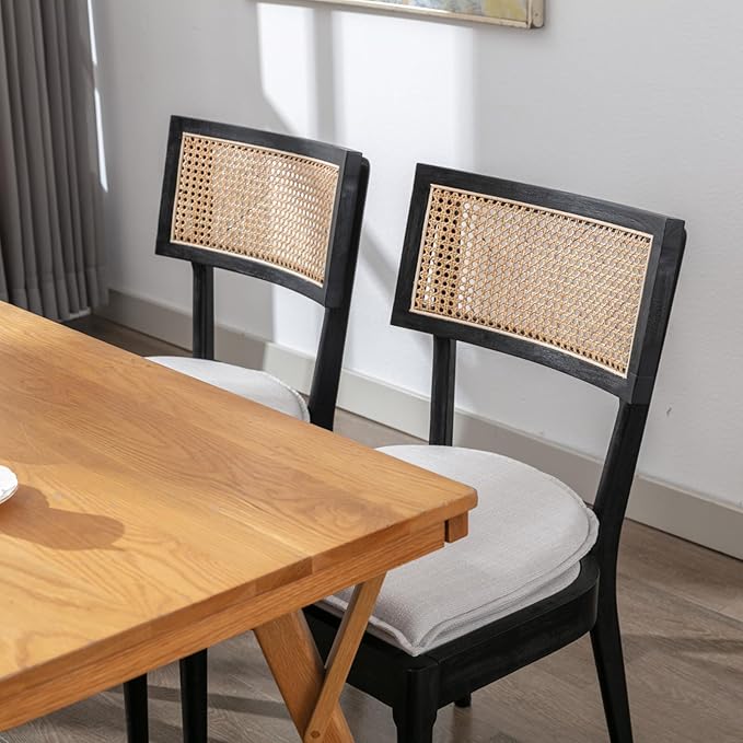 Rattan Dining Chairs Set Of 2 , Mid Century Modern Black Wooden Cane Back Chairs with Removable Linen Cushion , Retro Farmhouse Upholstered Kitchen & Dining Room Chairs for Restaurant Living Room-Ruum Studio Home