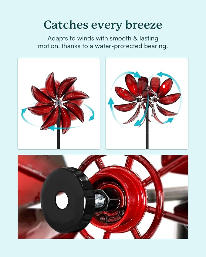 Wind Spinners Outdoor - Red Metal Windmill with Stake for Yard and Garden, Kinetic Wind Sculptures & Spinners, Gift Decor Ideas for Garden Lovers (12" W x 70" H)-Ruum Studio Home