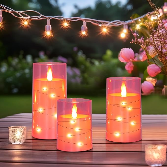 Aignis Flickering Flameless Candles Battery Operated Candles LED Candles with Remote Timer for Home/Wedding/Birthday/Holiday Decor, Cherry Blossom Pink 3D Flame Set of 3 (D3 xH4 5" 6")-Ruum Studio Home