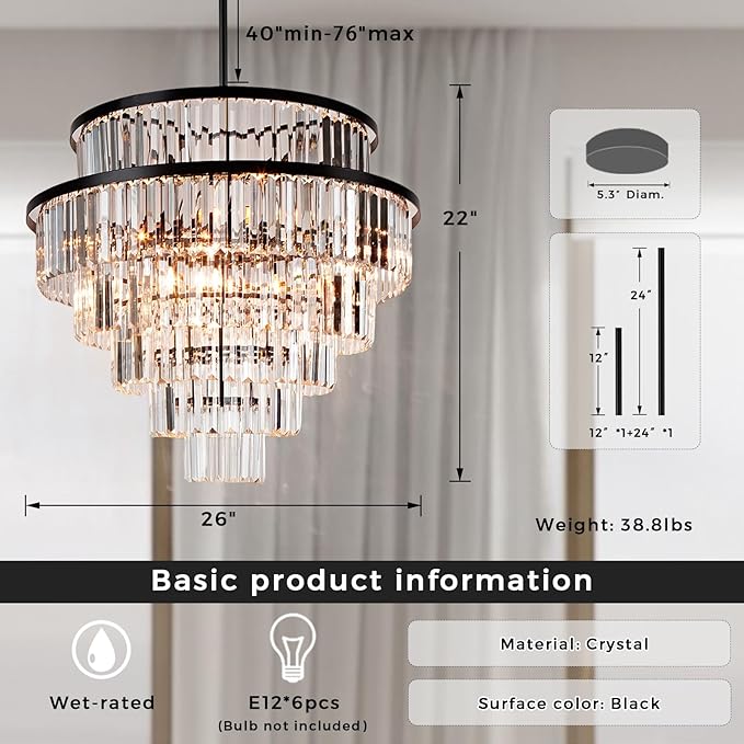 Luxury 6-Tier Round K9 Crystal Chandelier, Black Finish 26 Inch Diam Ceiling Light, Classic Elegant Chandelier with Crystal Piece, Lighting Fixture for Hallway, Bedroom, Living Room-Ruum Studio Home
