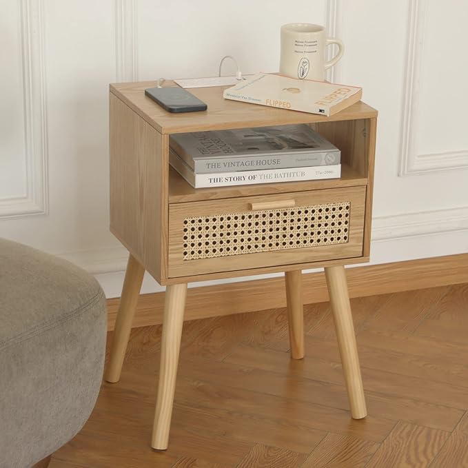 MaxSmeo Bedside Table, Small Nightstand with Charging Station, Rattan Side Table Wood End Table for Living Room, Bedroom and Small Spaces, Mid Century Modern Nightstand, Easy Assembly (Natural)-Ruum Studio Home