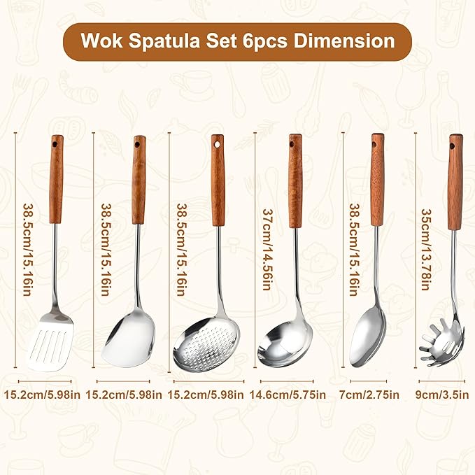 FJNATINH Stainless Steel Kitchen Utensils Set with Wood Handle Nonstick Stainless Steel Cooking Utensils Set with Turners,Spatula,Ladle,Skimmer,Solid Spoon,Pasta-Ruum Studio Home