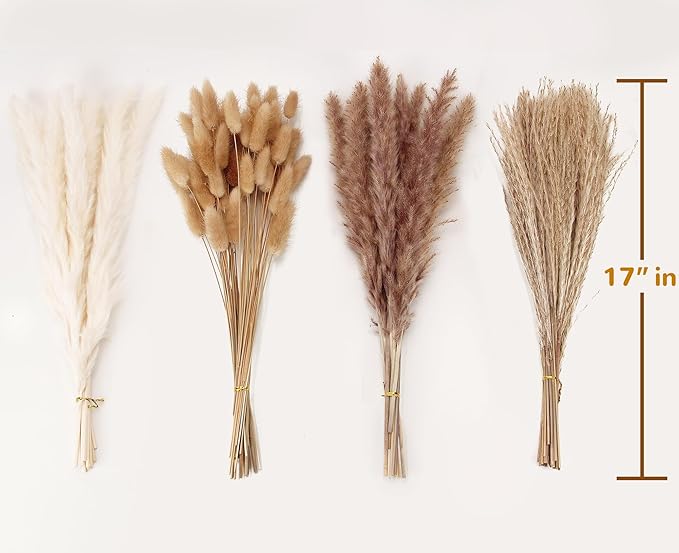Dried Pampas Grass Decor, 100 Stems Pampas Grass Contains Bunny Tails Dried Flowers, Reed Grass Bouquet for Wedding Boho Flowers Home Table Decor, Rustic Farmhouse Party (17", White and Brown)-Ruum Studio Home
