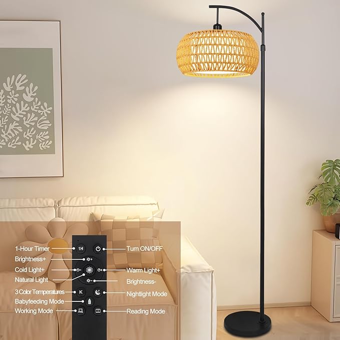 Arc Floor Lamps for Living Room Rattan Boho Floor Lamp with Remote Control,Dimmable LED Floor Lamp Wicker Lamp Shades Black Standing Lamp with 3 Color Temperature Tall Floor Lamps For Bedroom Corner-Ruum Studio Home