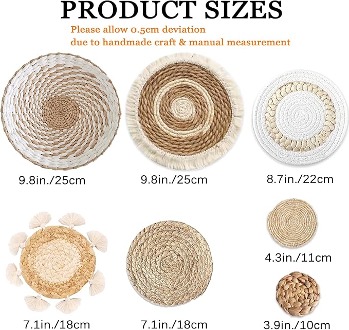7 Pack Boho Wall Basket Decor - Seagrass Rattan Wicker Wall Decor Round Handmade Hanging Rustic Flat Elegant Wall Art for Farmhouse Living Rooms Bedrooms Display Table Settings Kitchen Home-Ruum Studio Home