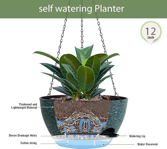 12 Inch Hanging Baskets 2 PC with Chains, Self-Watering Hanging Planters for Indoor Outdoor Plants, Plastic Hanging Flower Pots, Black with Green Speckles-Ruum Studio Home