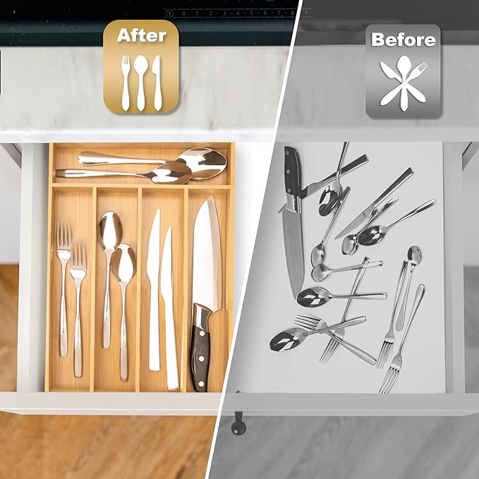 Silverware Organizer Kitchen Drawer Organizer Utensil Organizer Bamboo Silverware Holder Cutlery Organizer in Drawer Flatware Organizer Tray(5 slots, Natural-Ruum Studio Home
