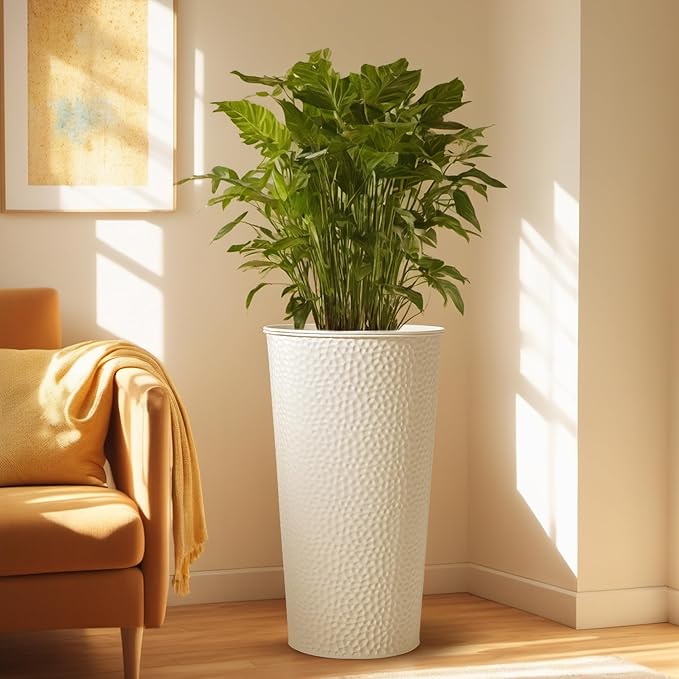 KOL 28" H. Tall Metal Cone Planters with Inner Pots 2-Pack, White Hand-Hammered Large Decor Planter for Deck, Patio, Porch - Handcrafted Flower Pot - with Water Level Indicator - Indoor Outdoor Use-Ruum Studio Home