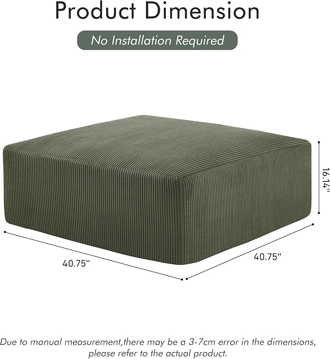 40" Square Stuffed Ottoman Pouf for Sofa Couch, Corduroy Poufs with Foam Chunk Filling, Furry & Fluffy Foot Stool Movable Ottoman. 40 * 40 Floor Poufs Foot Rest for Living Room, Green-Ruum Studio Home