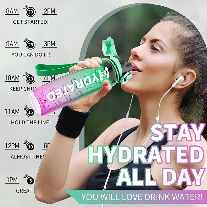 Water Bottle, 32 oz Motivational Water Bottles with Time Marker-Tritan & BPA Free, Sports Water Bottle with Time to Drink & Strap, Wide Mouth, Leakproof -Gift for Christmas Gym Fitness & Outdoor-Ruum Studio Home