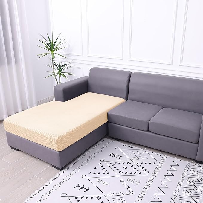 hyha Waterproof Sectional Couch Covers, Non Slip Sofa Couch Cushion Covers L Shape, Thick Stretch Jacquard Fabric, Washable Sofa Slipcovers with Elastic Bottom (1 Piece for Chaise, Beige)-Ruum Studio Home