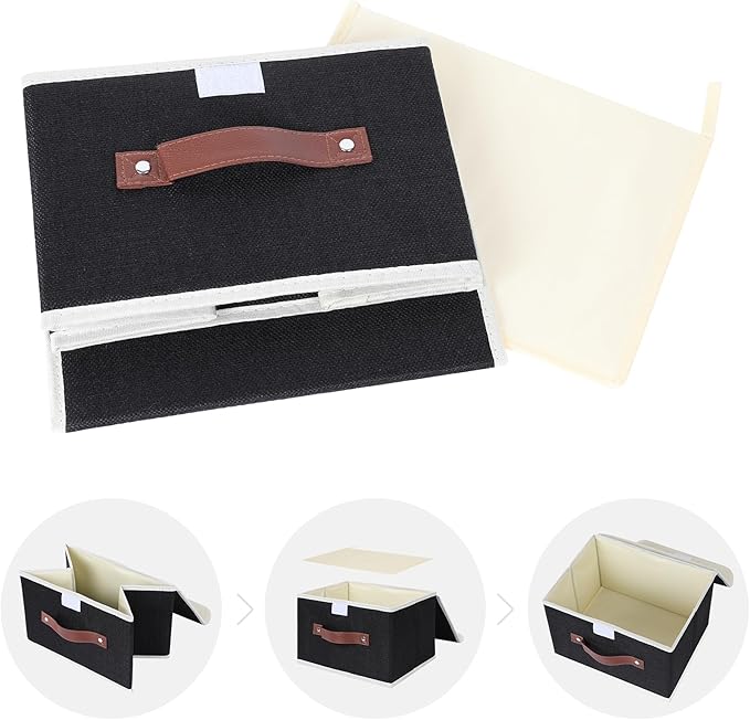 ANMINY 2PCS Storage Bins with Lid PU Leather Handles Storage Boxes PP Plastic Board Decorative Foldable Lidded Cotton Linen Fabric Home Cubes Baskets Closet Organizer Containers - Black, Large Size-Ruum Studio Home