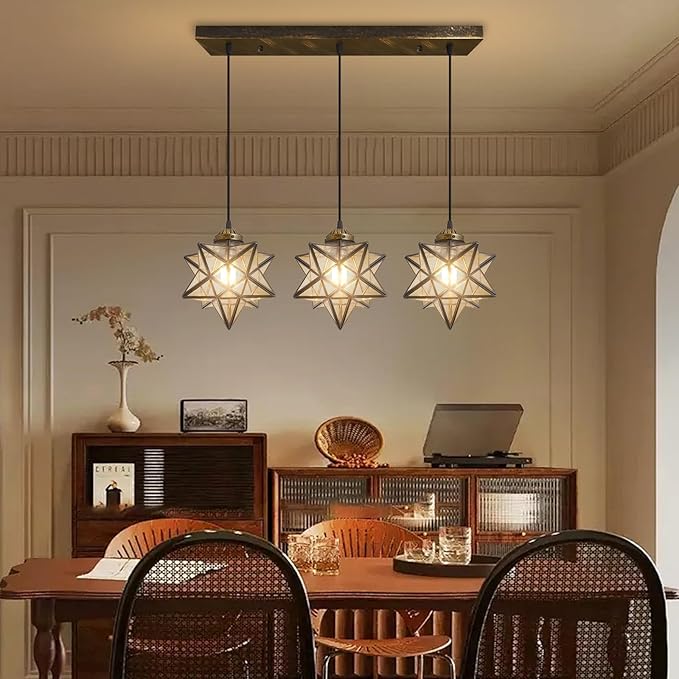 Glam Chandelier 3 Lights Glass Star Pendant Lights for Dining Table Kitchen Island Modern Ceiling Hanging Lights Included LED Warm Light Bulbs Oiled Bronze-Ruum Studio Home