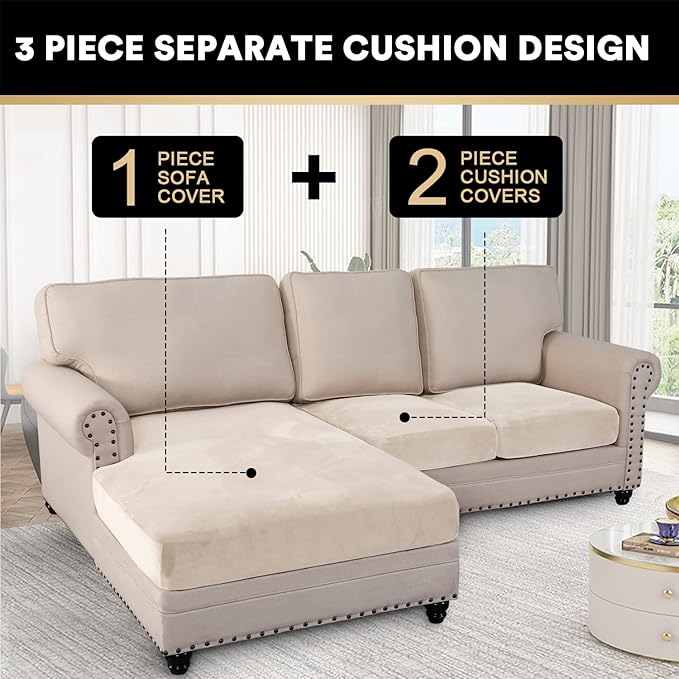 PrinceDeco Sectional Couch Covers 3 Pieces Velvet Sofa Covers L Shape Soft Couch Covers for Sectional Sofa Corner Sofa Cover Couch Cover for Dogs Washable (2 Seater + 1 Chaise,Ivory)-Ruum Studio Home
