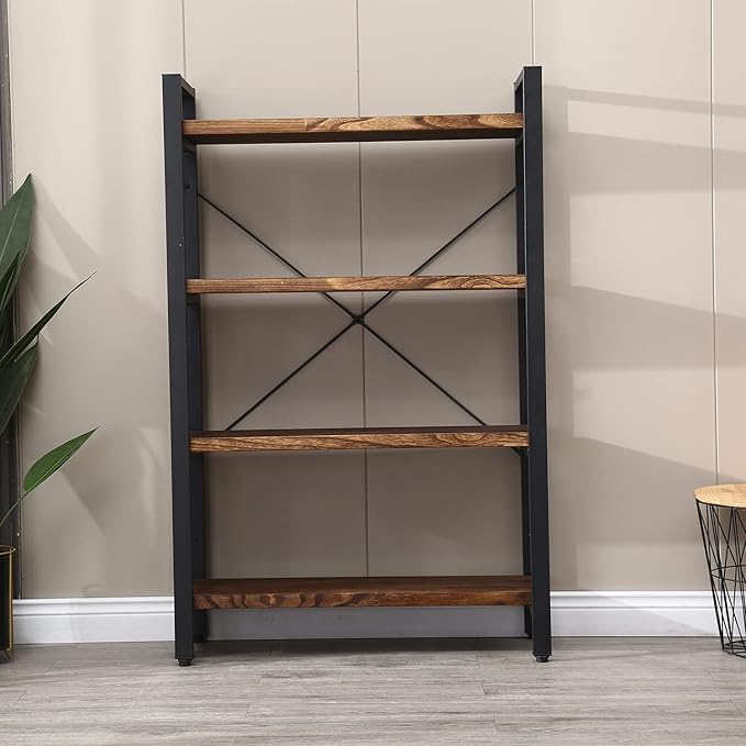 Solid Wood Bookshelf, 4-Tier Rustic Vintage Industrial Etagere Bookcase, Open Metal & Wood Vintage Book Shelf, Retro Brown-Ruum Studio Home