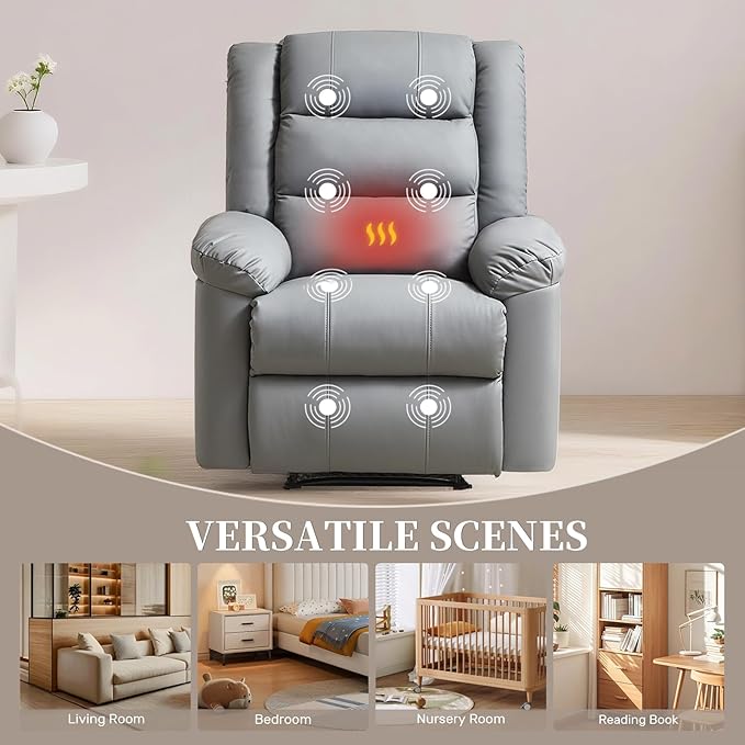 Recliner Chair with Massage & Heat, 8 Vibration Points, 5 Modes, 115-165° Reclining, Manual Recliner for Adults, Timer & Intensity Control, Faux Leather Massage Chair with Side Pocket for Living Room-Ruum Studio Home