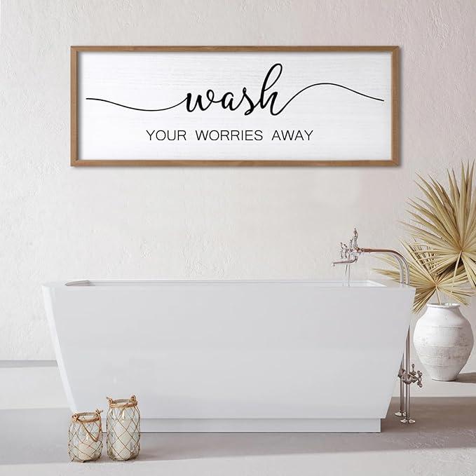 Wash Your Worries Away Wall Art Sign 32"×12" Laundry Room Large Wood Framed Restroom Toilet Wall Decor Hanging (Wood)-Ruum Studio Home