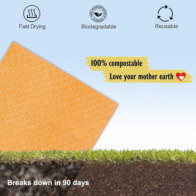 Swedish Dishcloths - 10 Pack Reusable Kitchen Dishcloths - Ultra Absorbent Dish Towels for Washing Dishes - Cellulose Sponge Cloth Cleaning Cloths - Orange-Ruum Studio Home